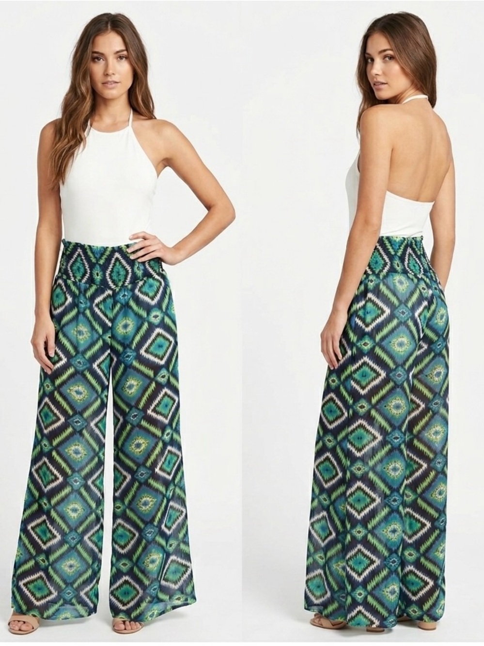 Show Me Your Mumu Chevron Geometric Smocked Sheer Swim Coverup Palazzo Pants M